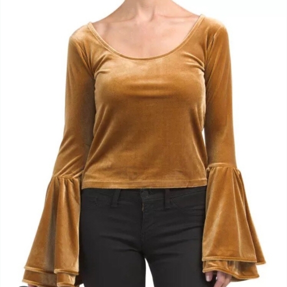 $183 TORN BY RONNY KOBO Gold Velvet Bell Sleeve Holiday Blouse/top/sweater S - Picture 2 of 6